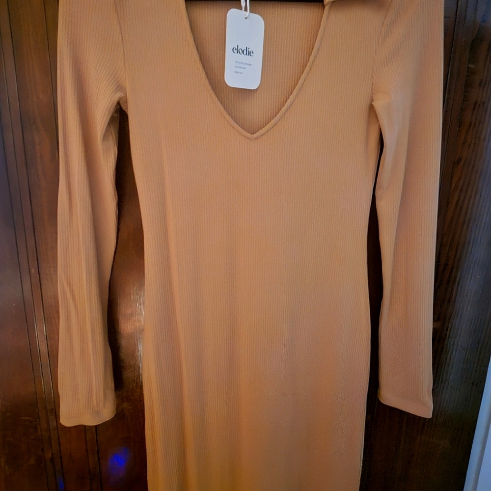 Elodie Bodycon Ribbed Dress In Camel - Picture 4 of 4